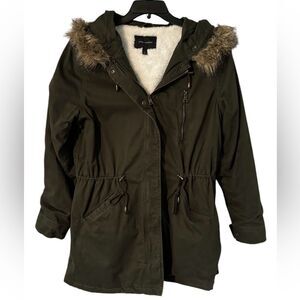 Banana Republic Parka Coat Peat Green Hooded Womens Size L Outdoor Fleece-lined